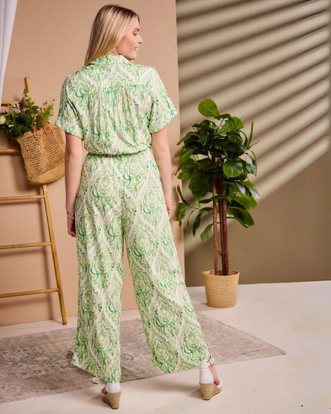 Luna - Green Vintage Damaske: Collared wide leg jumpsuit with Short sleeves