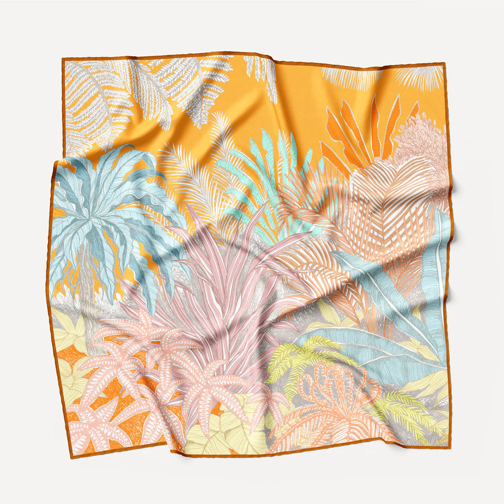 Wanderland Aureum Tropical Palms Orange Silk Twill Scarf