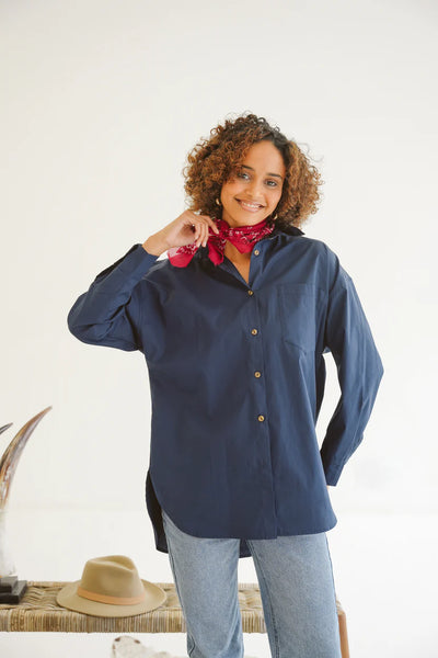 Sadie Cotton Poplin Boyfriend Shirt - Navy