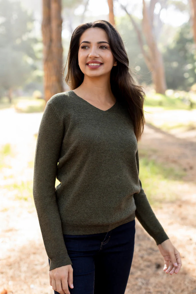 Lyon V-Neck Fine Rib - Khaki