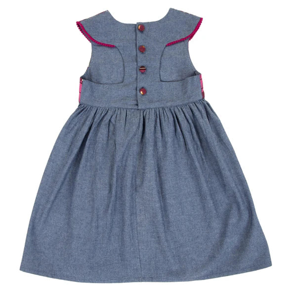 Myang Dress / Girls Denim and Pink Wax Cloth