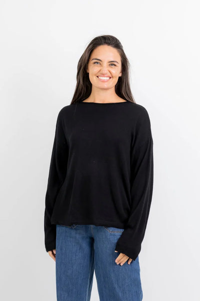 Modesto Fine Gauge Boat Neck Boxy Knit - Black