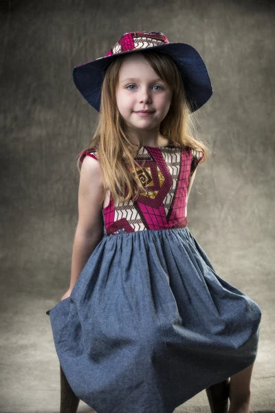 Myang Dress / Girls Denim and Pink Wax Cloth