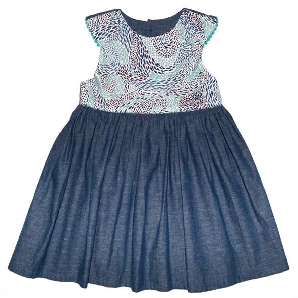 Myang Dress / Girls Denim and Blue Fish Swirl