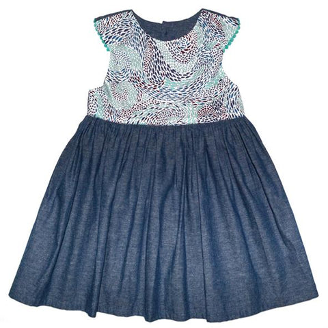 Myang Dress / Girls Denim and Blue Fish Swirl